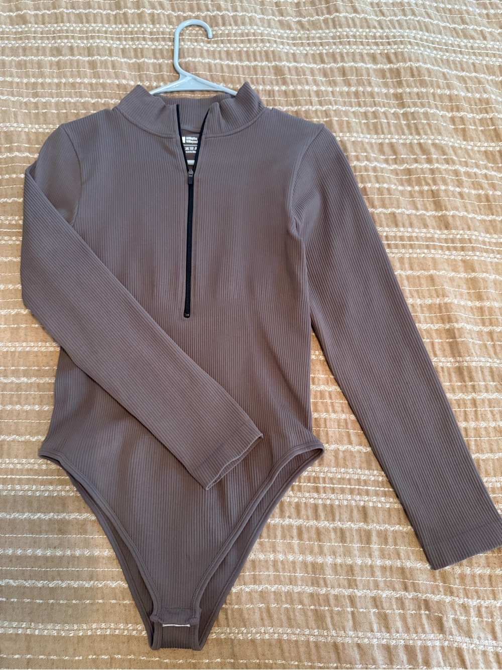 Ribbed Long Sleeve Zip Front Bodysuit - Taupe